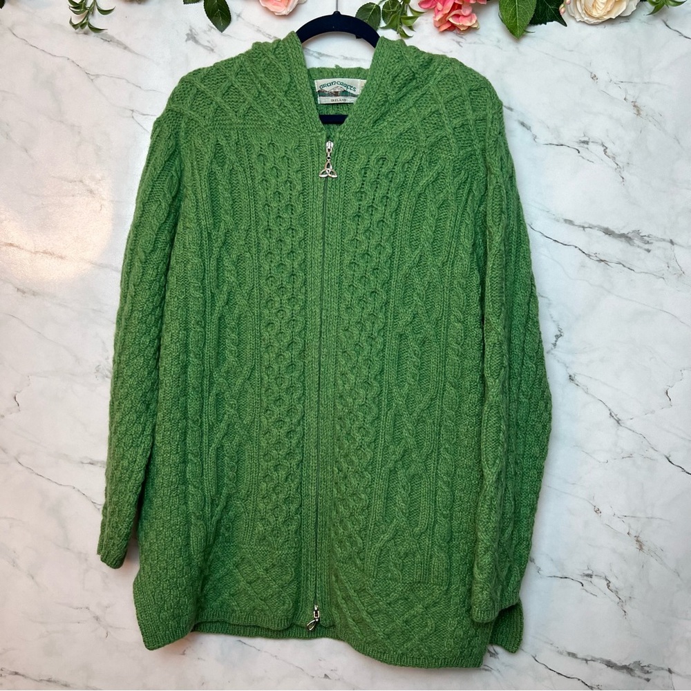 Aran Crafts 100% Soft Irish Merino Wool Cable Knit Zipper Hooded Sweater Green L